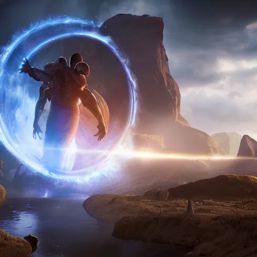 Image similar to comic book scene of an epic portal being exited by a god, cinematic, realistic, beautiful scenery, matte painting, highly detailed, octane render