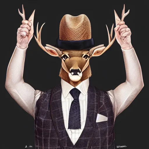 Image similar to a upper body portrait of a deer lord in a pinstriped suit and pants wearing a fedora with the antlers sticking out of the fedora by artgerm and wlop, intricate detail, digital art, photorealistic, trending on artstation