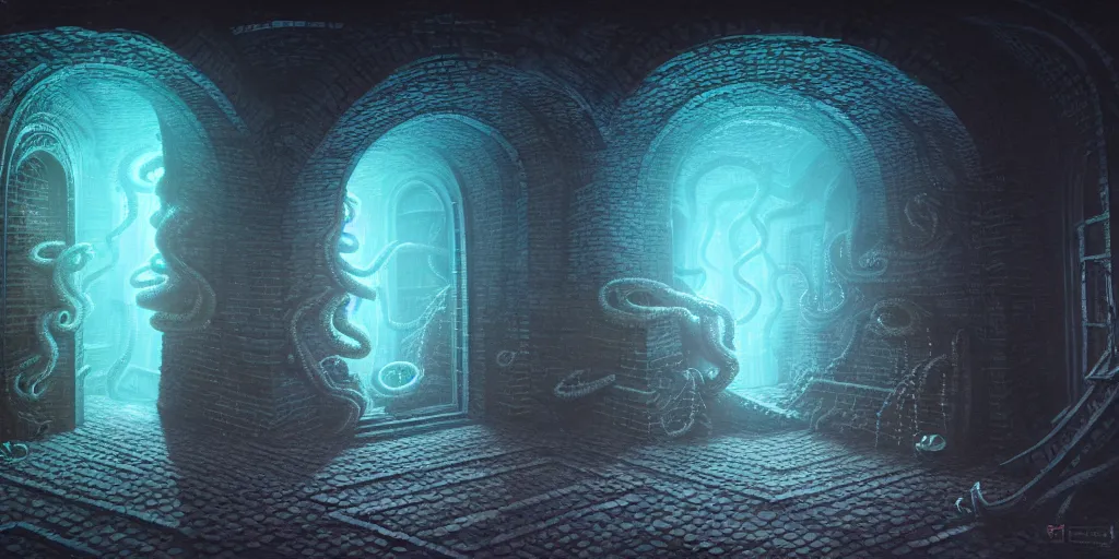 Prompt: a lovecraftian tentacle monster inside of a stone brick room, matte oil painting, staircases, cosmic, concept art, nebula, high fantasy, extremely detailed, disturbing, trauma, award - winning, 4 k, 8 k