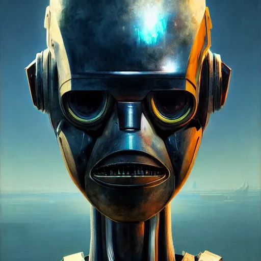 Image similar to a expressive portrait of masked diesel punk robot in dramatic lighting, depth of field background, artstation, award - winning realistic sci - fi concept art by jim burns and greg rutkowski, beksinski, a realism masterpiece, expressive color palette, james gilleard, bruegel, alphonse mucha, and yoshitaka amano