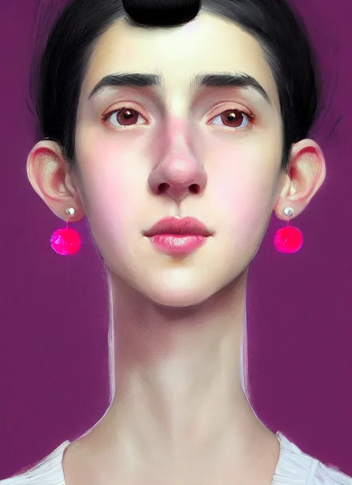 Image similar to portrait of teenage girl, realistic, black hair, bangs, half updo hairstyle, pointy nose, skinny, smile, ugly, defined jawline, big chin, pink hair bow, earrings, intricate, elegant, glowing lights, highly detailed, digital painting, artstation, sharp focus, illustration, art by wlop, mars ravelo and greg rutkowski