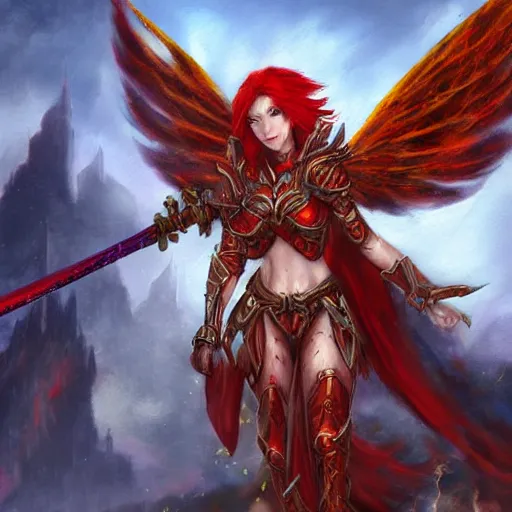 Image similar to red haired female paladin with wings and a flaming sword, ( gargoyle like ), fantasy painting, concept art