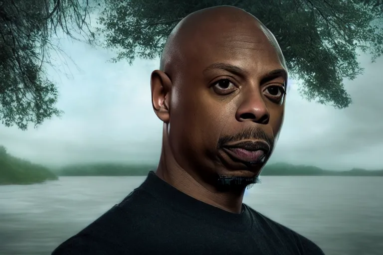 Image similar to an ultra realistic, cinematic headshot portrait, of dave chapelle, background of a vast serene landscape, with trees and rivers, detailed, deep focus, movie still, dramatic lighting, ray tracing, by michal karcz and yoshitaka amano