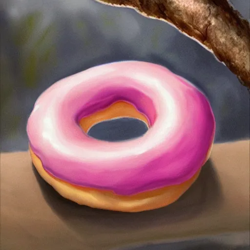Prompt: Pink donuts growing from a tree branch, photorealistic, intricate, elegant, highly detailed, digital painting, artstation, concept art, smooth, sharp focus, illustration, art by Salvador Dali