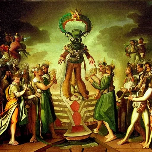 Prompt: 17th century oil painting of a green space alien being crowned king at an extraordinary coronation ceremony, 8k, ultra detailed, ultra intricate,