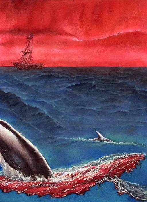 Prompt: a watercolor painting of a whale bleeding on the ocean near a ship, 3 d render, hyper detailed, dark art, horror art, digital art, realistic painting, smooth effect, part by beksinski, part by carl gustav carus with red blood brushstrokes by swanland raymond.