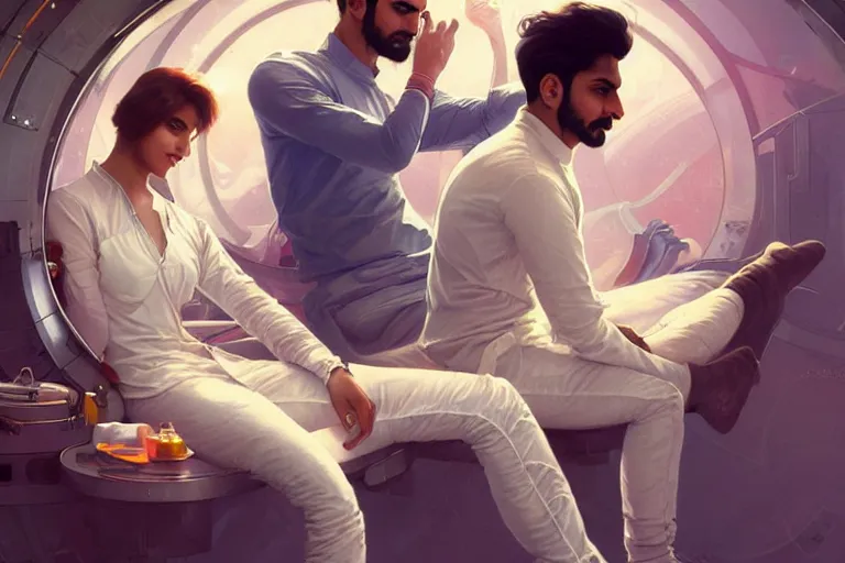 Prompt: Sensuous good looking pale young Indian doctors wearing jeans in a space station above Earth, portrait, elegant, intricate, digital painting, artstation, concept art, smooth, sharp focus, illustration, art by artgerm and greg rutkowski and alphonse mucha