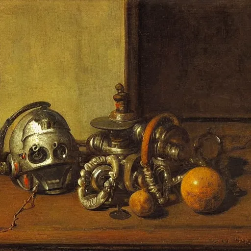 Prompt: A still life of a rusty robot, Pieter Claesz, William James Glackens, (chains), ((gears)), helmet