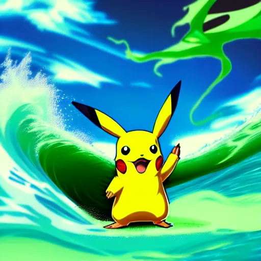 Image similar to pikachu surfing on a wave made of green slime, pokemon tcg image, trending on artstation