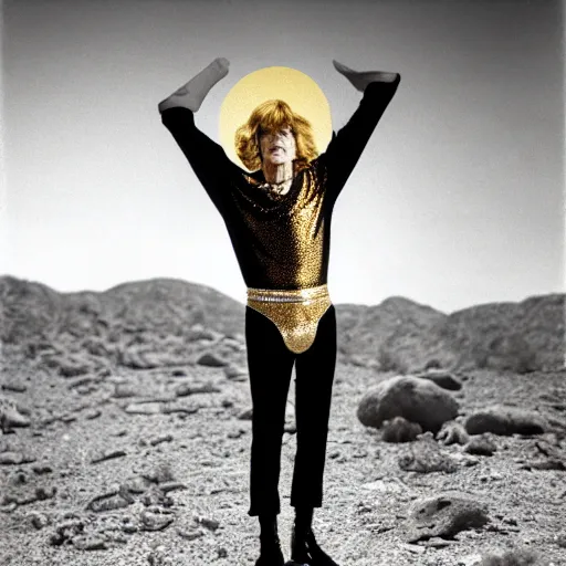 Image similar to mick jagger dressed in golden costume with jewels in a dry rocky desert landscape, visible sky and sunny atmosphere, fata morgana by alejandro jodorowsky, anamorphic lens, kodakchrome, 8 k -