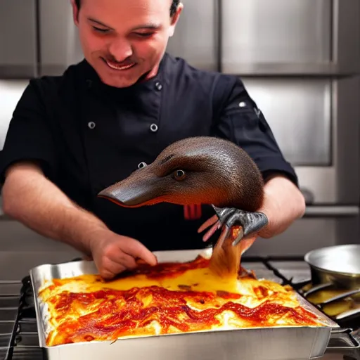 Prompt: platypus with a chef hat cooking a lasagna with three basil leaves over the lasagna