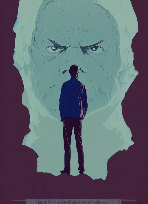 Image similar to Twin Peaks poster artwork by Michael Whelan and Tomer Hanuka, Karol Bak of portrait of Michael Shannon!! the local mechanic clerk discovering aliens, from Twin Peaks, clean, simple illustration, nostalgic, domestic, full of details