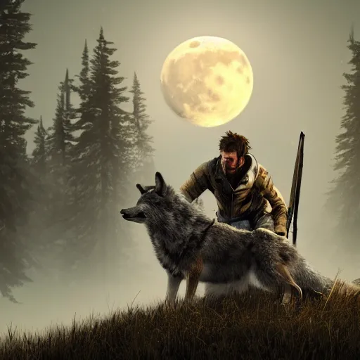 Image similar to a hunter killing a wolf on a full moon night, hd, hdr, unreal engine 5, cinematic, 4k wallpaper, 8k, ultra detailed, high resolution, artstation,