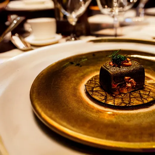 Prompt: DMT served at a fancy restaraunt on a fancy plate, gorgeous depth of field professional food photography