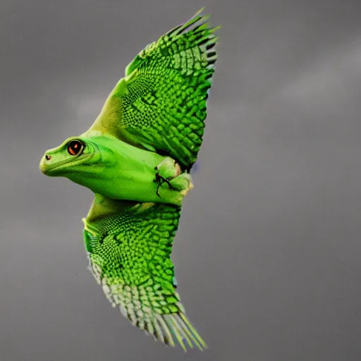 Image similar to falcon with the face of a frog flying in the sky with clouds