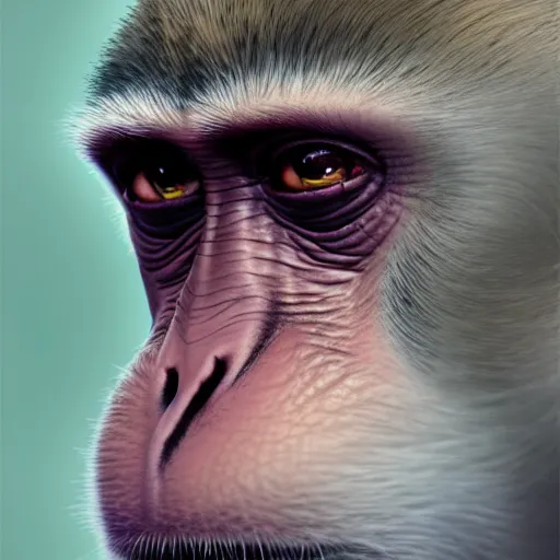 Prompt: monkey, realistic portrait, highly detailed, digital painting, artstation, concept art, smooth, sharp focus, illustration, cinematic lighting