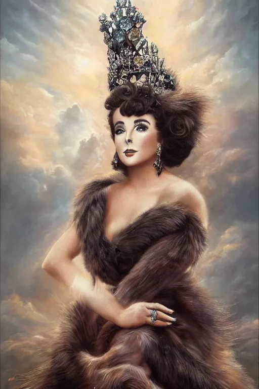 Image similar to center portrait fine art photo of the beauty princess elizabeth taylor, dramatic pose she has a crown of stunning flowers and fur stole and black dress gemstones, realistic eyes, background full of stormy clouds, by peter mohrbacher