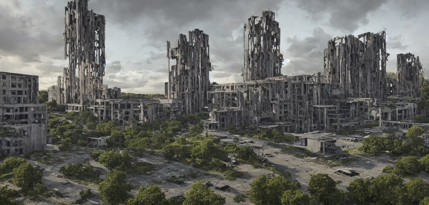 Image similar to an extremely detailed cathedral of brutalist architecture by Le Corbusier, abandoned buildings, empty streetscapes, surrounded by lush green vegetation, stunning volumetric lighting, sunset, rusted metal, concrete, translucent material, stunning skies, scattered rubbish and debris, 8k, photorealistic, hyper detailed, unreal engine 5, IMAX quality, cinematic, epic lighting, digital painting in the style of DOOM and Quake, by Greg Rutkowski, trending on Artstation