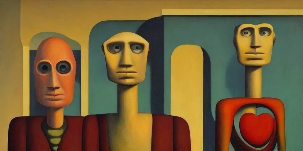 Image similar to super - intelligent robot with kind eyes portrait, grant wood, pj crook, edward hopper, oil on canvas