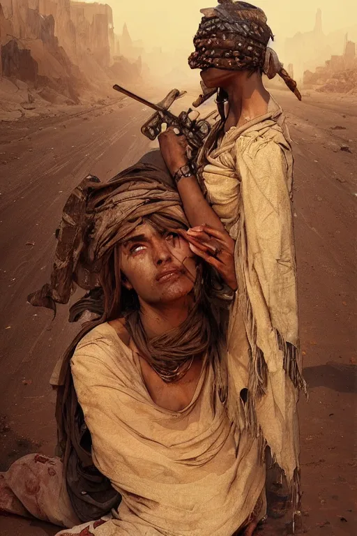 Image similar to a full body portrait of a beautiful post apocalyptic offworld desert bedouin blind barbarian leper laying by the roadside, begging, intricate, elegant, highly detailed, digital painting, artstation, concept art, smooth, sharp focus, illustration, art by krenz cushart and artem demura and alphonse mucha