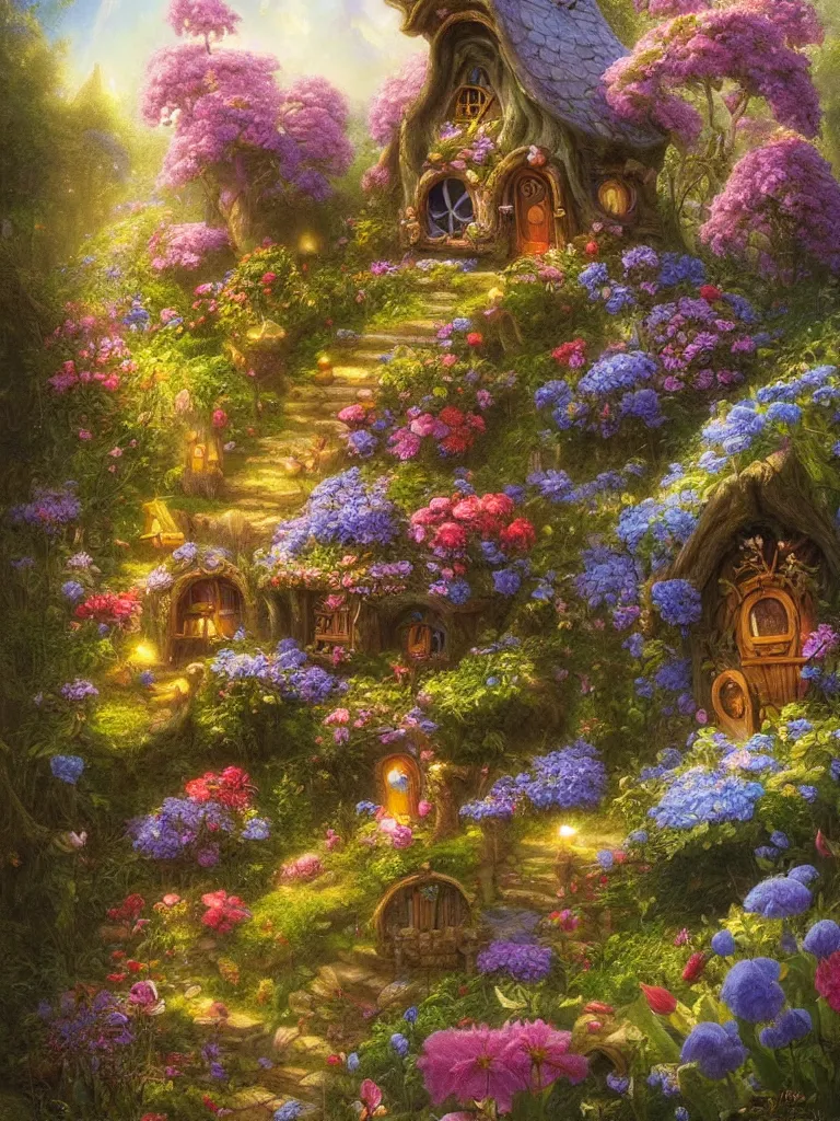 Image similar to a whimsical fairy house in a beautiful garden of flowers Justin Gerard, morning light, tarot card