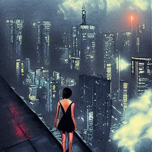 Image similar to “ girl standing on a roof looking down at a futuristic new york city below, ghostpunk, blade runner, cyberpunk, art nouveau, storm clouds, rain, very detailed, by gil evgren ”