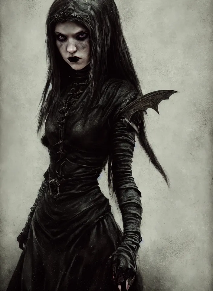 Image similar to a half portrait of a young female vampire wearing a gothic dress from skyrim, fantasy setting, beautiful face, dark colors, scary lighting, atmospheric, cinematic, moody, in the style of diego koi, gina heyer, luiz escanuela, art by alyssa monk, hyperrealism, rule of thirds, golden ratio, oil on canvas, 8 k