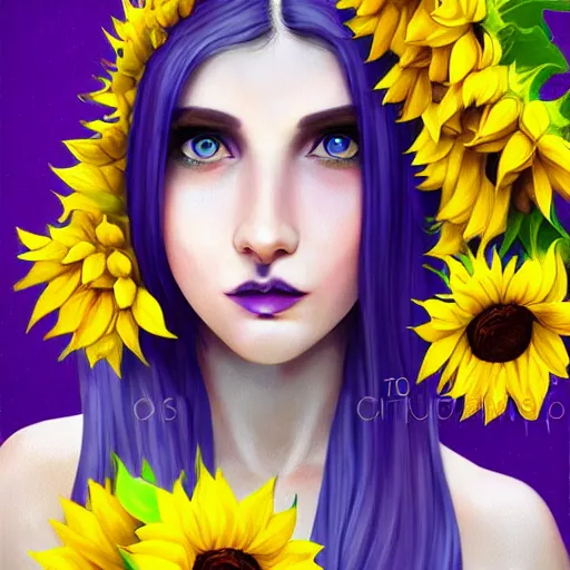 Image similar to a beautiful stunning matte digital portrait illustration of a blue-eyed woman with freckles and violet hair wearing a yellow sunflower crown, in the style of Ross Tran, trending on artstation, contest winner