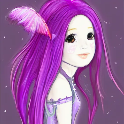 Image similar to little girl with eccentric pink hair wearing a dress made of purple feather, art by dcwj