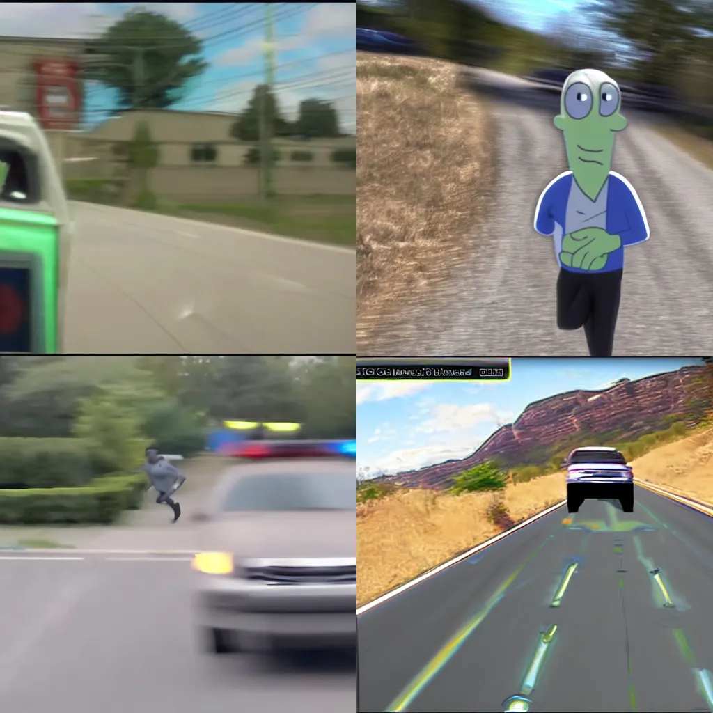 Prompt: dash cam footage handsome squidward running from the cops real fast motion blur 5 stars