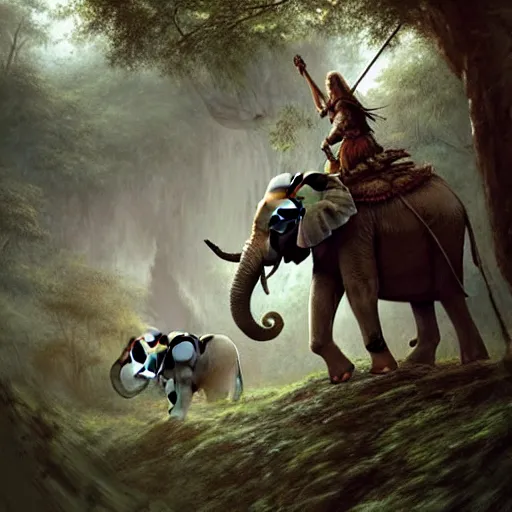 Image similar to a viking riding an elephant in a jungle, digital art, art by greg rutkowski, artstation, deviantart, highly detailed, photorealistic, fantasy art, clean, western comic art, award winning commission