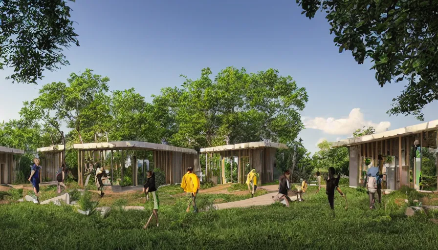 Image similar to An architectural rending of an eco-community neighborhood of innovative contemporary 3D printed sea ranch style cabins with rounded corners and angles, beveled edges, made of cement and concrete, organic architecture, in a lush green eco community with side walks, parks and public space , Designed by Gucci and Wes Anderson, golden hour