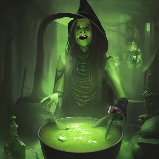 Image similar to a scary witch making green glowing soup from a cauldron, Matte painting , detailed painting, made by Greg Rutkowski, 4k, atmospheric