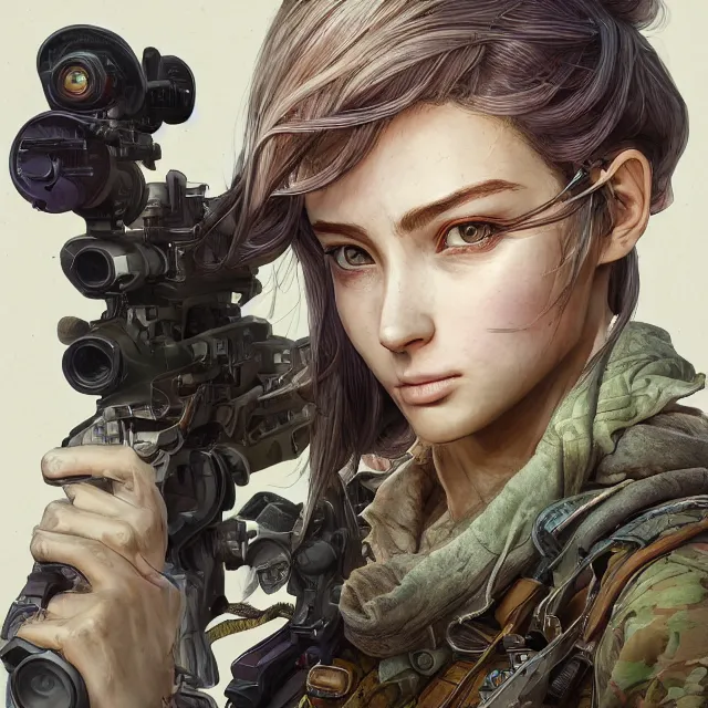 Image similar to the portrait of lawful neutral semi - colorful female infantry sniper as absurdly beautiful, gorgeous, elegant, young woman looking up, an ultrafine hyperdetailed illustration by kim jung gi, irakli nadar, intricate linework, bright colors, octopath traveler, final fantasy, unreal engine 5 highly rendered, global illumination, radiant light, detailed and intricate environment