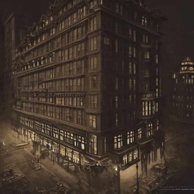 Image similar to action scene painting of a 1 9 2 0 s gothic style hotel in downtown boston, overlooking a dark street, architectural, atmospheric lighting, brooding, painted, intricate, ultra detailed, well composed, best on artstation, cgsociety, epic, horror, stunning, gorgeous, intricate detail, much wow, masterpiece, cinematic aesthetic octane render, 8 k hd resolution,