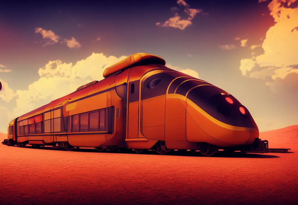 Image similar to futuristic train in a desert, painting, octane render, 4 k, anime sky, warm colors