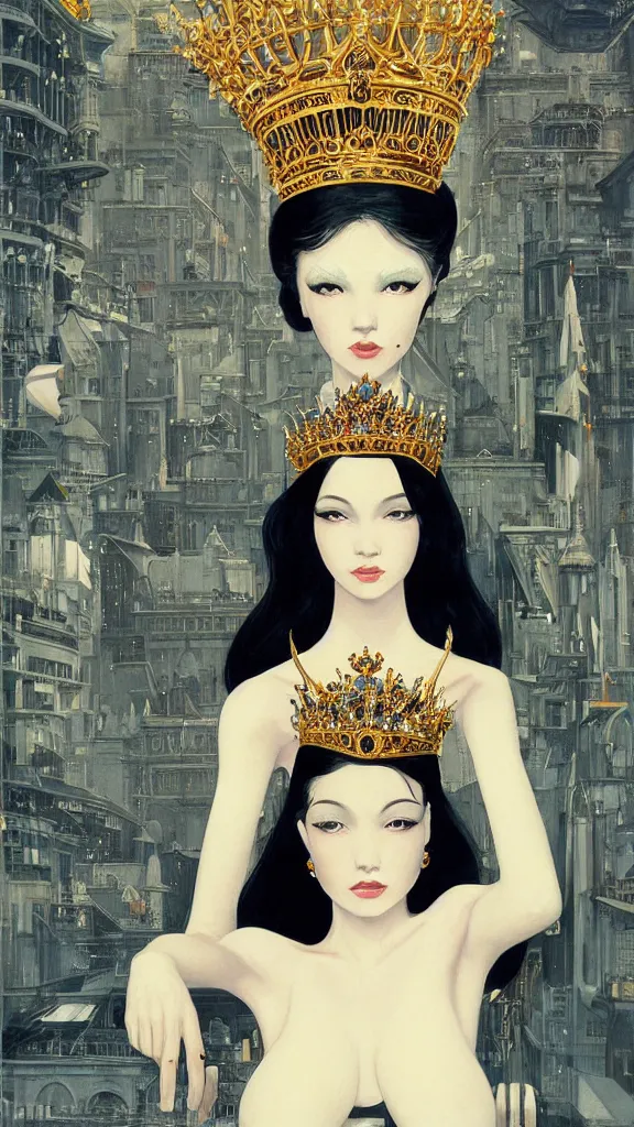 Image similar to a beautiful black haired woman with pale skin and a crown on her head sitted on an intricate metal throne new york circa 1 9 8 4 edward hopper and james gilleard, surreal, open ceiling, highly detailed, airbrush, ilya kuvshinov, wlop, stanley artgerm, very coherent, art by takato yamamoto and james jean