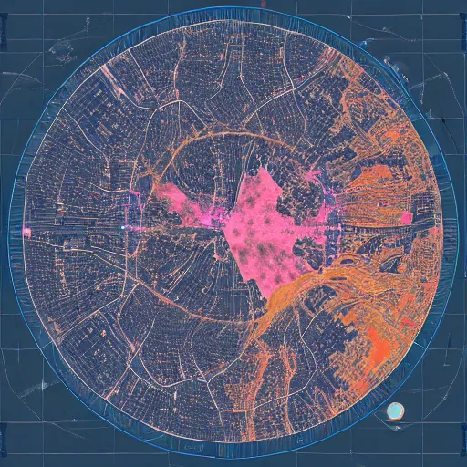 Image similar to very detailed unbalance asymmetrical GIS map of cosmic ancient high technology cities, avoid symmetry, broken google maps, open street maps, maxar, astral, 8K, cinematic, generative art, antialiasing, total eclipse, microbiology, circuit, psychic, octane