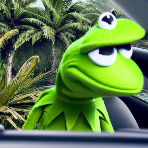 Prompt: a close up photo of a kermit the frog driving a mercedes, palm trees, close up, octane render, unreal engine, hyperdetailed