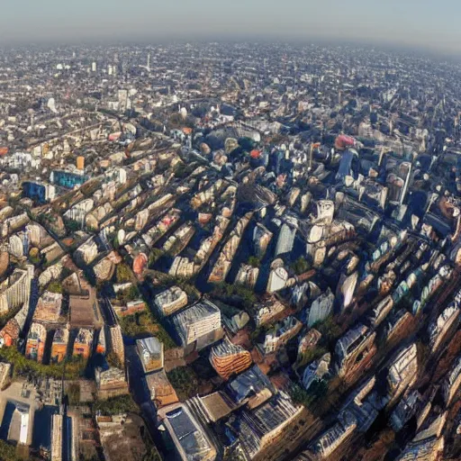 Image similar to warsaw postapocalyptic, panorama, bird's eye view