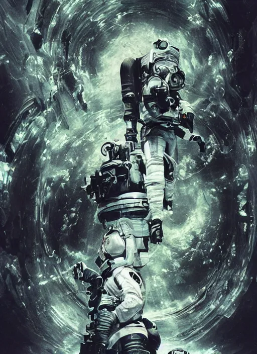 Image similar to astronauts in dark void underwater - complex and hyperdetailed technical suit. reflection and dispersion materials. rays and dispersion of light. volumetric light. f / 3 2. noise film photo. flash photography. ultra realistic, wide angle. poster by wayne barlowe, hajime sorayama aaron horkey, craig mullins