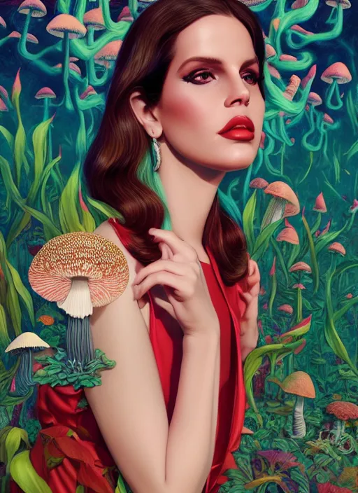 Prompt: pretty lana del rey with hallucination mushroom : : by martine johanna and simon stalenhag and chie yoshii and casey weldon and wlop : : ornate, dynamic, particulate, rich colors, intricate, elegant, highly detailed, vogue, harper's bazaar art, fashion magazine, smooth, sharp focus, 8 k, octane render,