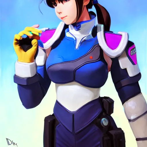 Prompt: Nerf This! D.VA from Overwatch wearing a police uniform, holding handcuffs in one hand Blizzard Concept Art Studio Ghibli. oil paint. 4k. by brom.