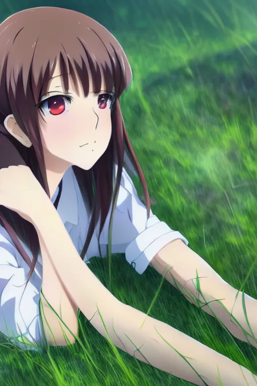 Prompt: anime art full body portrait character concept art, anime key visual of elegant young female, brown hair straight bangs and large eyes, finely detailed perfect face delicate features directed gaze, laying down and touching grass at sunset in a valley, trending on pixiv fanbox, studio ghibli, extremely high quality artwork