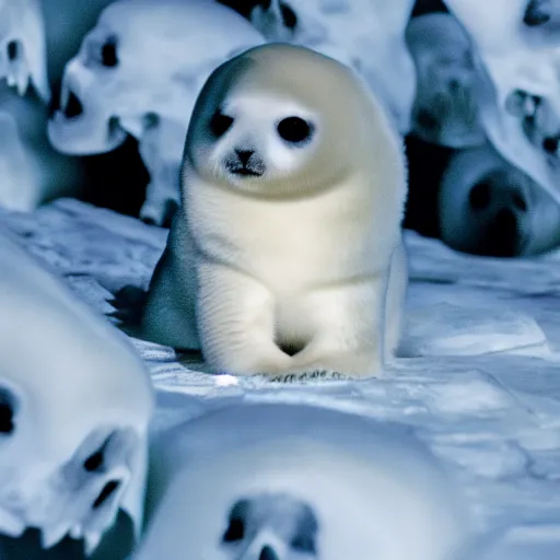 Image similar to a baby harp seal lying on a throne of skulls, dark and ominous, backlight, 4k