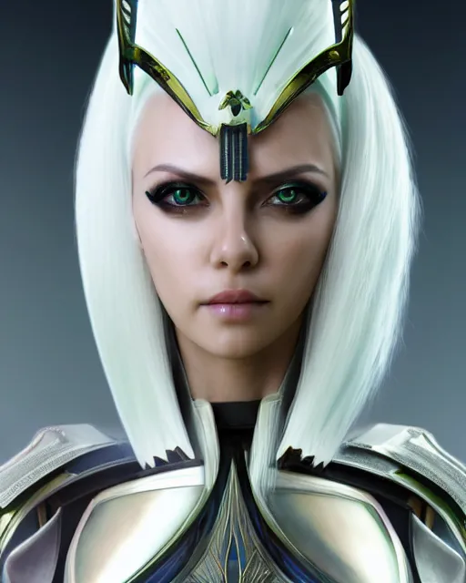 Image similar to perfect white haired attractive egyptian goddess, warframe armor, beautiful, symmetric, dreamy, half asian, pretty face, green eyes, charlize theron, detailed, scifi platform, laboratory, experiment, 4 k, ultra realistic, epic lighting, android body, illuminated, cinematic, masterpiece, art by akihito tsukushi, voidstar