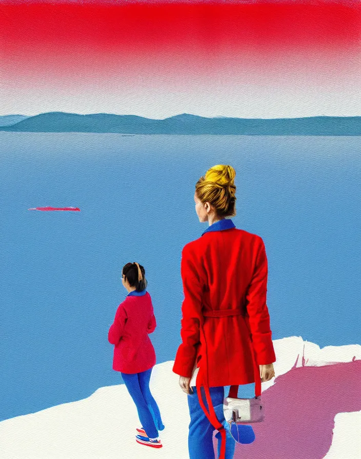 Image similar to wide shot rear view photographer woman hair in a bun long red stripe coat backpack sneakers grasping a nikon dslr camera while looking out over a placid blue lake, a character design painting, in the style of wes anderson, lola dupre, david hockney, isolated on negative white space background dark monochrome fluorescent spraypaint accents volumetric octane render, no double figure