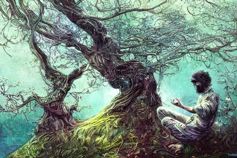 Prompt: a man meditating under a tree by android jones,