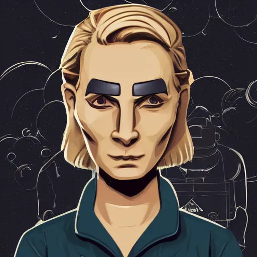 Prompt: detailed illustration of square - jawed emotionless serious blonde woman starship engineer, tribal tattoos, handsome, short slicked - back hair, sweating, uncomfortable and anxious, looking distracted and awkward, wearing victorian dark goggles, dirty white tank top, cargo pants, and gloves, small spacecraft in background, highly detailed, mike mignogna, trending on artstation