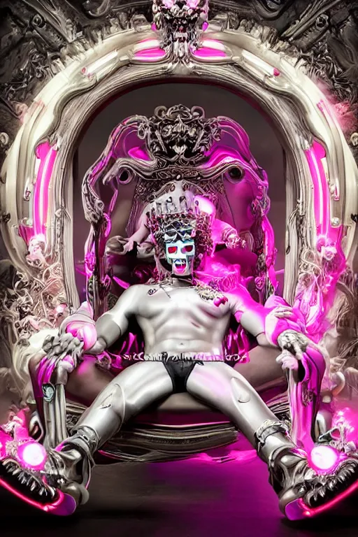 Image similar to full-body rococo and cyberpunk style neon statue of a young attractive Italiano macho dotado e rico android sim roupa reclining con las piernas abertas e la piroca dura, glowing white laser eyes, prince crown of pink gears, diamonds, swirling silver-colored silk fabric. futuristic elements. full-length view. space robots. human skulls. intricate artwork by caravaggio. Trending on artstation, octane render, cinematic lighting from the right, hyper realism, octane render, 8k, depth of field, 3D